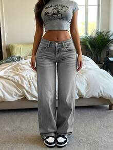 Quần jeans ống rộng kiểu vintage thời trang mới dành cho nữ, quần denim ống đứng dáng suông, cạp trung, đa năng, phù hợp cho mọi mùa xuân. - Màu Xám nhạt - Xem 1