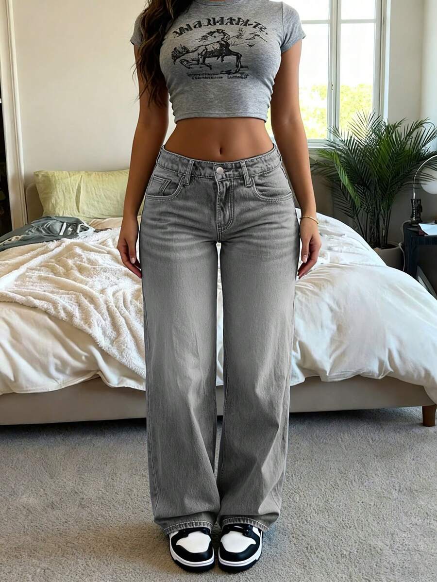 Quần jeans ống rộng kiểu vintage thời trang mới dành cho nữ, quần denim ống đứng dáng suông, cạp trung, đa năng, phù hợp cho mọi mùa xuân. - Màu Xám nhạt - Xem 1