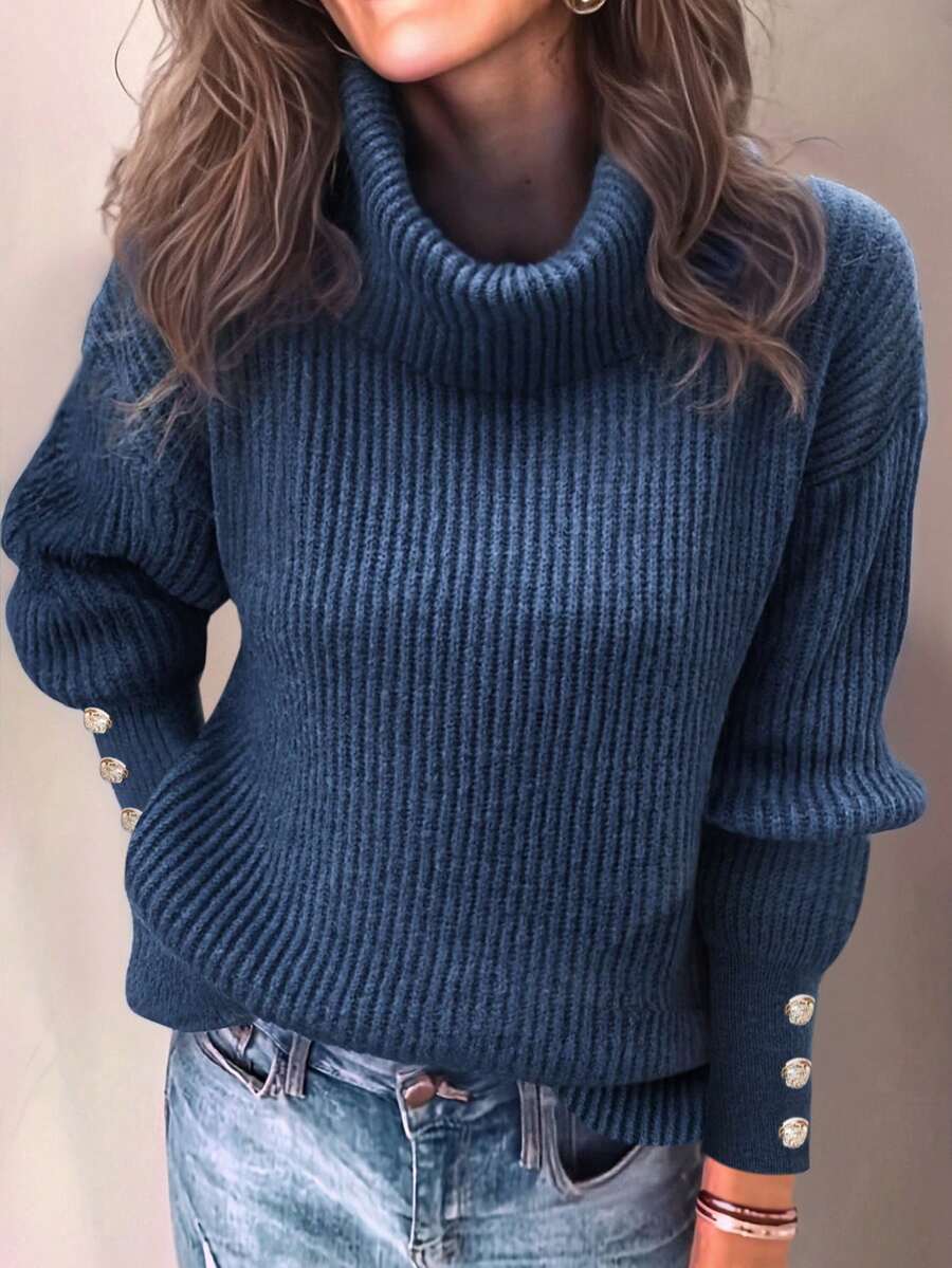 女士宽松高领毛衣，休闲正式罗纹针织纽扣长袖套头衫