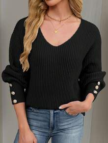 Women's All-Match Loose V-Neck Button Knit Sweater, Casual Versatile Lightweight Ribbed Pullover, Black - Black - View 4