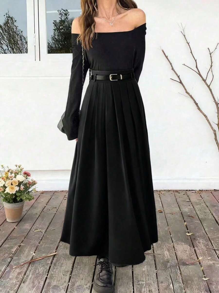 EARO 时尚女士百褶裙，弹性腰带设计，适合秋冬季穿着。 - 黑色 - 查看 1