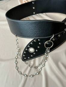 1pc Rhinestone Chain Combination Wide Waist Belt, Original Curved Hook BB Flashy Y2K Fashion PU Leather Wide Belt, Suitable For Music Festivals, Halloween, Christmas And All Holidays As Well As Daily Use - Multicolor - View 7