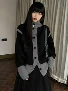 Retro Casual Design Niche Contrast Color Knit Cardigan, Women, Autumn/Winter Black - Black - View 3