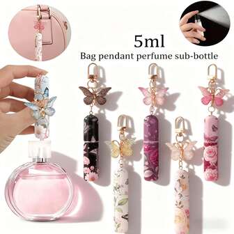 1个5毫升花香香水瓶，配有3D蝴蝶吊坠 - 可重复灌装喷雾瓶，金色瓶盖，柔和花卉图案 - 便于携带的香水、精油或配饰 - 优雅的女士礼物，复古香水瓶，个人香水容器，装饰性香水瓶，可视液位窗口