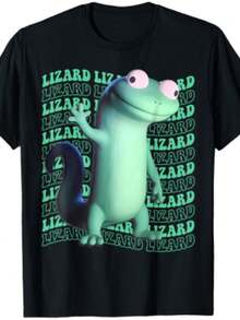 Men'S & Women'S Neon Lizard Meme Graphic T-Shirt - Funny Cartoon Lizard & LIZARD Print With Neon Green Text, Soft Breathable Relaxed Fit Crew Neck Tee, Quirky Anime Convention Outfit, Birthday/Christmas Party & Themed Event Apparel - 黑色 - 查看 1