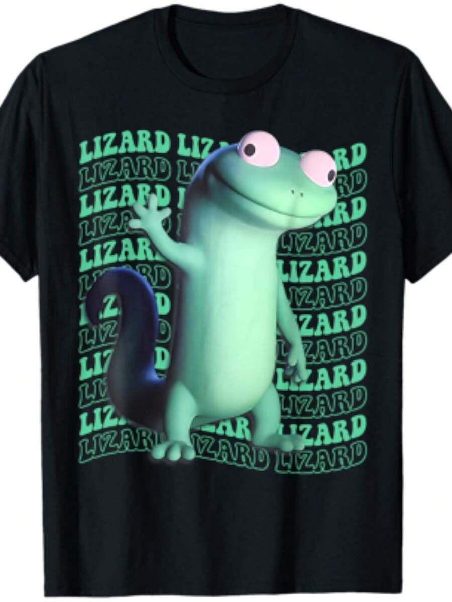Men'S & Women'S Neon Lizard Meme Graphic T-Shirt - Funny Cartoon Lizard & LIZARD Print With Neon Green Text, Soft Breathable Relaxed Fit Crew Neck Tee, Quirky Anime Convention Outfit, Birthday/Christmas Party & Themed Event Apparel - 黑色 - 查看 1