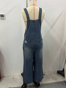 Fashionable & Versatile Medium Washed Distressed Loose Fit Bib Pants - Medium Wash - View 3