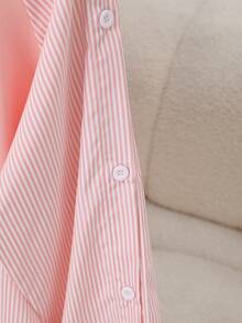 1 pezzo Camicetta da donna a righe con patchwork, colore a contrasto, costine, bottoni, adatta per uso quotidiano, primavera/autunno, colori: bianco, nero, blu, rosa, verde, giallo - Rosa - Visualizzare 4