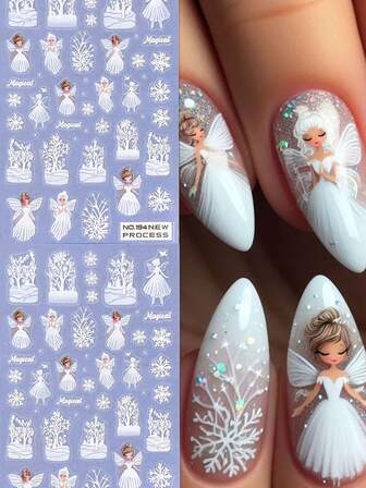 2/3 Pieces Of Winter Cartoon Snowflake Relief Nail Art Stickers - DIY Art Design For Cute Snowflakes, Snowmen, Bells, Bows, Sprites, Reindeer, Santa Claus, And Teddy Bears During Winter Christmas And New Year, Suitable For Women's Daily Life, Weddings, And Holidays. Disposable Adhesive Nail Art Stickers With Cute And Cartoon Theme Style, Easy To Stick Nail Salon Decoration Stickers