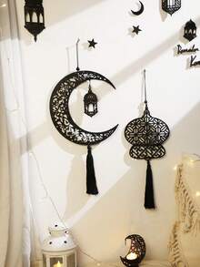 1件/2件新月形流苏壁挂装饰，波西米亚伊斯兰阿拉伯图案灯笼星月艺术节日装饰，斋月开斋节家居墙面装饰，客厅卧室玄关窗户门派对装饰，现代斋月家居饰品 - 彩色 - 查看 7