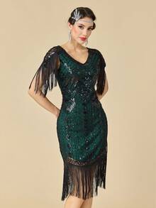 1920年代《了不起的盖茨比》风格女式连衣裙，复古长流苏连衣裙，咆哮的二十年代亮片串珠连衣裙 - 綠色 - 查看 2