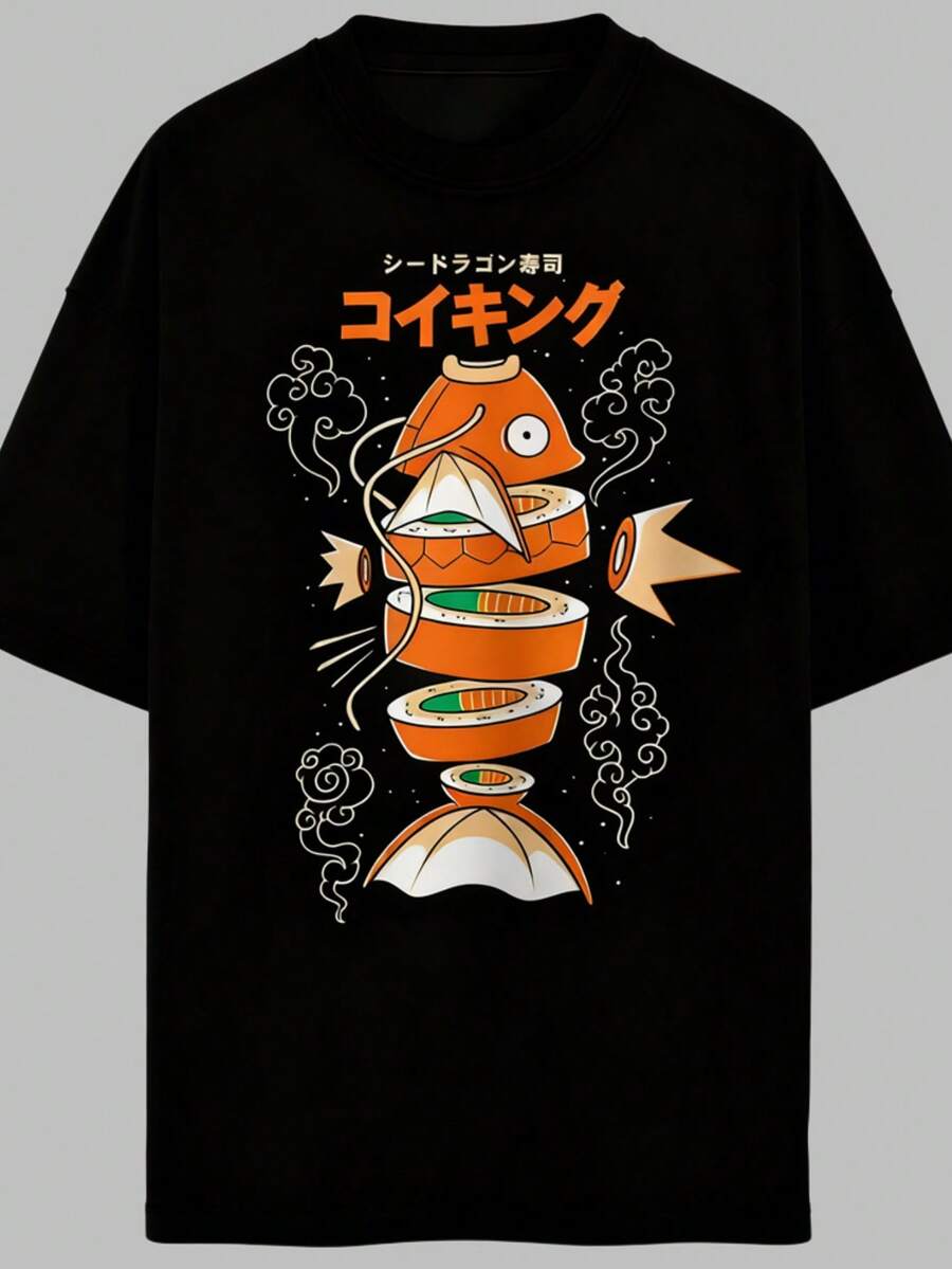 PKM Magikarp Shirts, Anime Sushi T-Shirts, Fun Koi Fish Pattern T-Shirts, Japanese Aesthetic Otaku Gifts - 黑色 - 查看 1