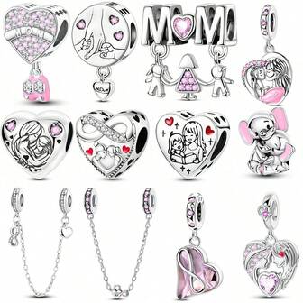 1Pc Pink Mother'S Day Gift Collection Heart Best Mom Daughter Hug Mom Pendant Charm Fit Original Bracelet Necklace Silver Plated Beads For Diy Jewelry Making Daily Wear Birthday Gift