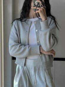 DAZY 女士纯色落肩长袖单排扣休闲宽松开衫，秋冬 - 灰色 - 查看 8