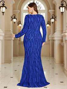 XUIBOL 高品质弹力优雅亮片拼接超修身加大码圆领晚宴约会婚礼派对生日周年纪念家庭鸡尾酒会正式晚宴婚礼宾客单身派对假日夏季秋季V领短袖优雅奢华新娘母亲礼服（重工刺绣） - 寶藍色 - 查看 4