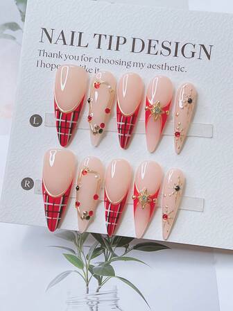 10 piezas Conjunto de uñas de almendra con estilo Y2K - Hechas a mano, uñas rosas, uñas rojas, uñas navideñas, uñas con puntas francesas rojas, copos de nieve dorados hechos a mano en 3D, muérdago navideño dibujado a mano, diseño de puntas francesas con rayas y copos de nieve dorados dibujados a mano, uñas con estrellas doradas brillantes y rhinestones de colores