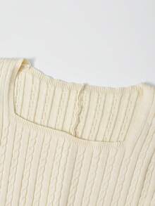 French U-Neck Knitted Dress, Waist Cinched, Slim Fit, Long Sleeve, Aran Stitch, A-Line Dress - Apricot - View 5