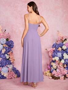 Volly Toych Dusty Purple Classy Sleeveless Maxi Bridesmaid Dress Featuring Cowl Neck Draped Chiffon And Stylish Split Thigh For Special Occasions - Dusty Purple - View 2
