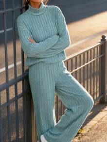 New Women's Suit Set;Ribbed Knit Turtleneck & Wide-Leg Pants Set: Stylish For Daily/Date Wear;Ribbed Knit Turtleneck Set! Smooth Wide-Leg Fit, Warm And Comfortable, Super Easy For Daily Matching;High-End Sense Of Relaxation! - Màu xanh lam - Xem 1