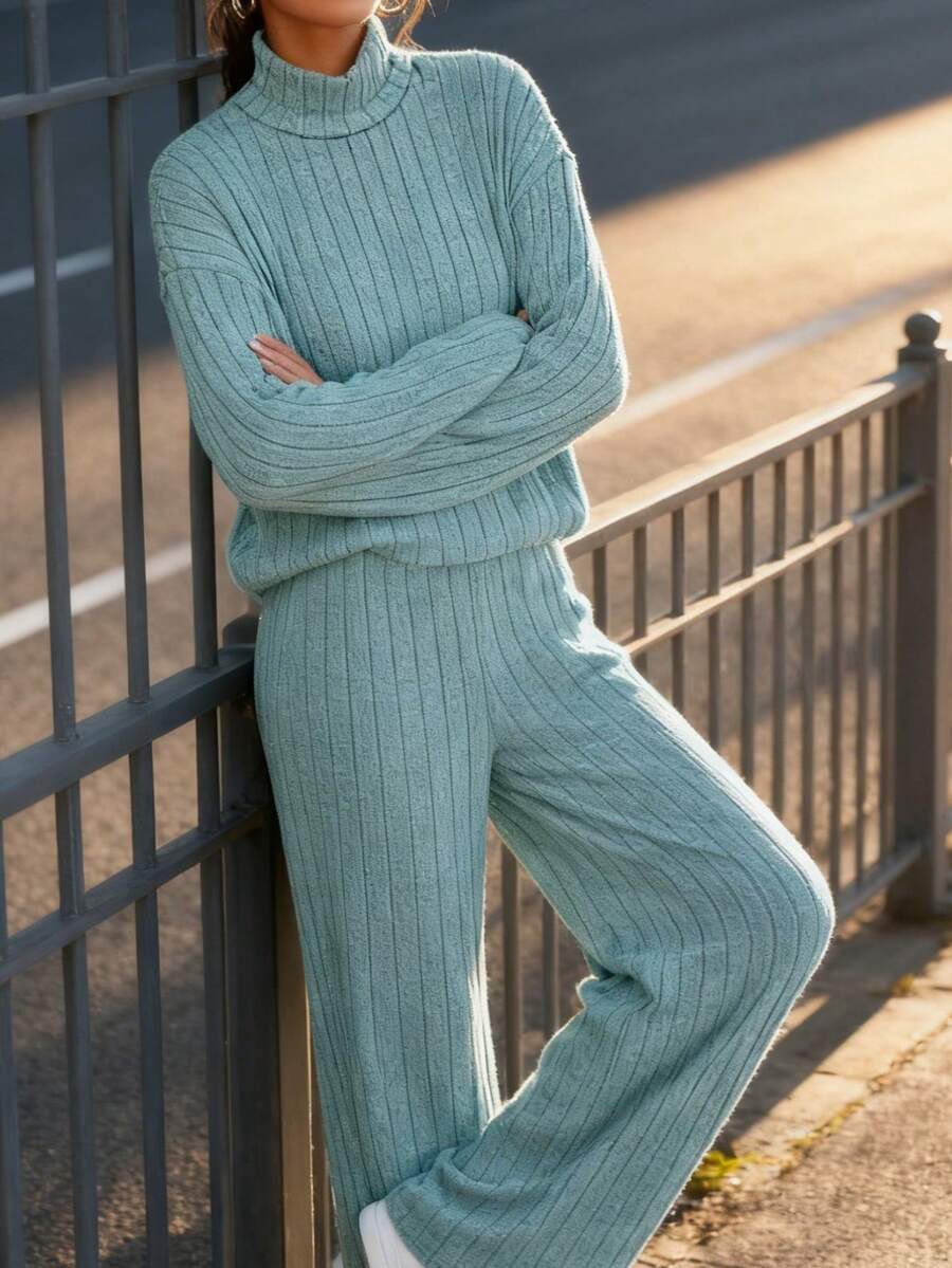 New Women's Suit Set;Ribbed Knit Turtleneck & Wide-Leg Pants Set: Stylish For Daily/Date Wear;Ribbed Knit Turtleneck Set! Smooth Wide-Leg Fit, Warm And Comfortable, Super Easy For Daily Matching;High-End Sense Of Relaxation! - Màu xanh lam - Xem 1