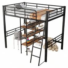 High Bed, 90*200cm, Without Mattress, Bed With Desk, Multiple Shelves, Railing, Ladder, Iron Frame, Black - 黑色+金屬+90cm*200cm - 查看 3