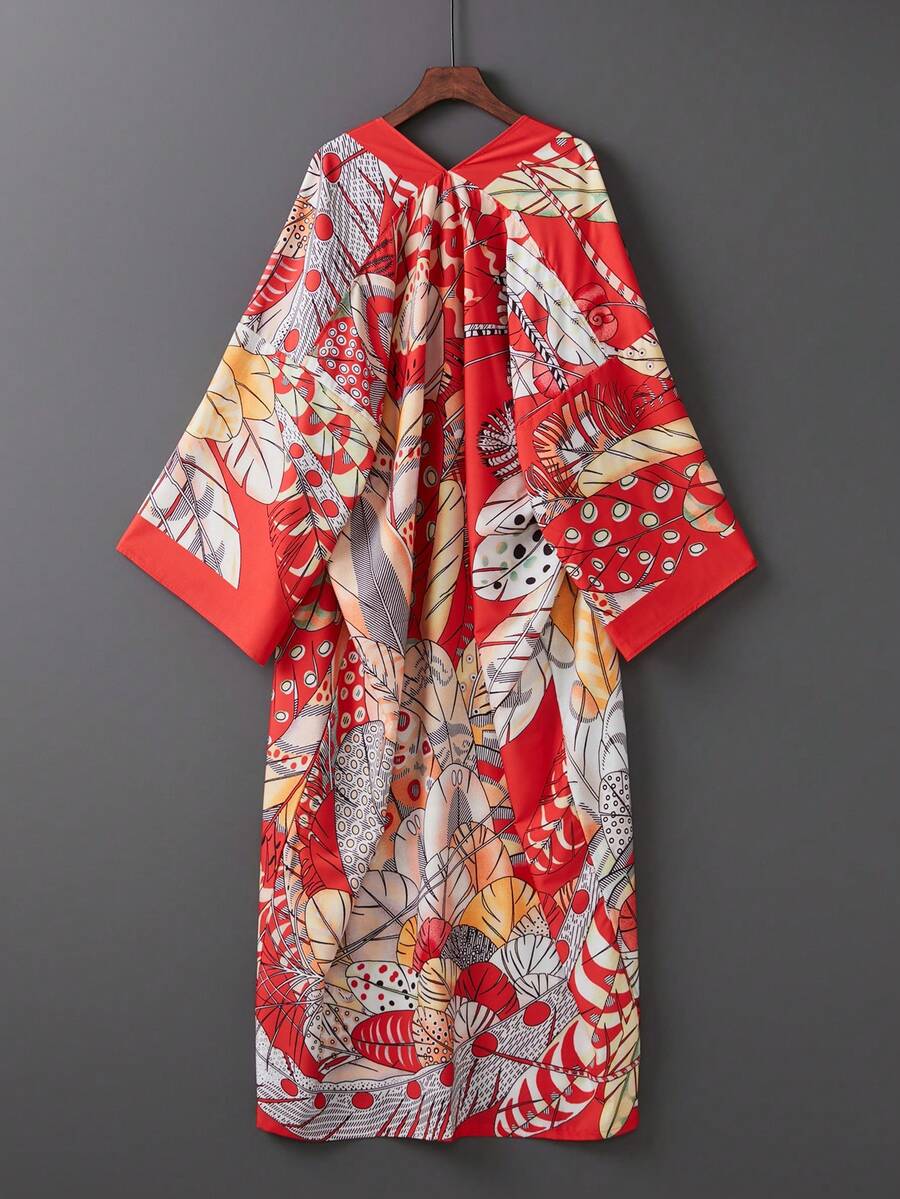 Retro Elegant Mid-Length Loose Printed Robe Kimono Cover Up, Beach Cover Up, Summer Vacation Swimsuit Cover-Up, Sun Protection - Red - View 1