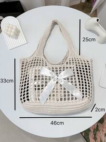 BAIZE Lightweight Casual Hollow Beach Bag,White Bag Woven Shopping Crochet Tote Bag, Large Capacity Handbag, Suitable For Travel, Outdoor And School.Travel Essentials,Holiday Essentials,Multifunctional Kitchen Storage Lunch Bag, Suitable For Beach Vacation Or Easy Carrying, Elegant Wedding Season