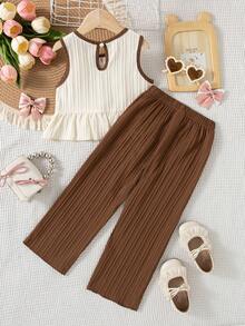 2pcs Girls Casual Bow Decor Sleeveless Top And Long Pants Set, Summer - Beige - View 2