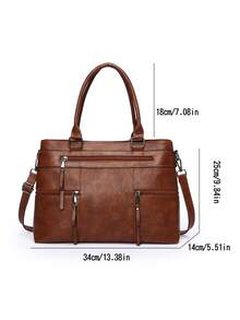 1pc Women's Solid Color Retro Handbag, Large Capacity Tote Bag With Multiple Zipper Pockets, Waterproof PU Dual Top Handle Portable Outdoor Casual Business Versatile Shoulder Bag, Stitched Anti-Theft Crossbody Bag - Brown - View 13