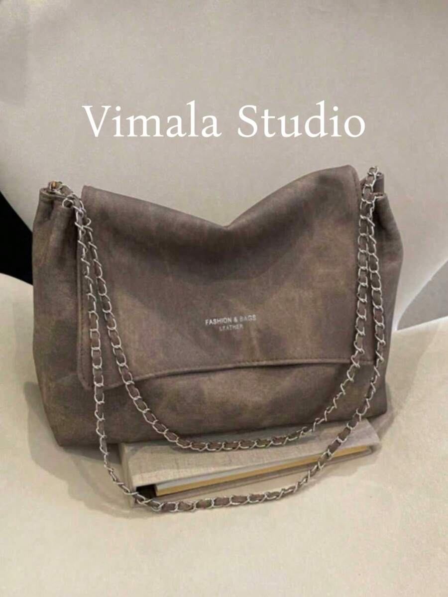 1pc Minimalist Retro Square Flap Metal Chain Shoulder Bag, Suitable For Women's Casual And Work Commute - Grey - View 1