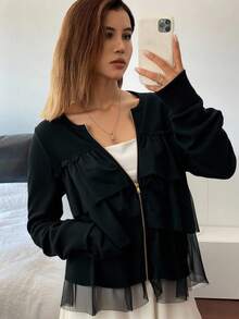 Livesso Women's Round Neck Metal Zipper Decor Loose Multi-Layer Mesh Ruffle Patchwork Solid Color Fitted Loose Long Sleeve T-Shirt, Halloween Costume, Autumn Black Blouses Black Crop Jacket Ruffle Top Tiered Ruffle Top Black Ruffle Blouse - Black - View 5