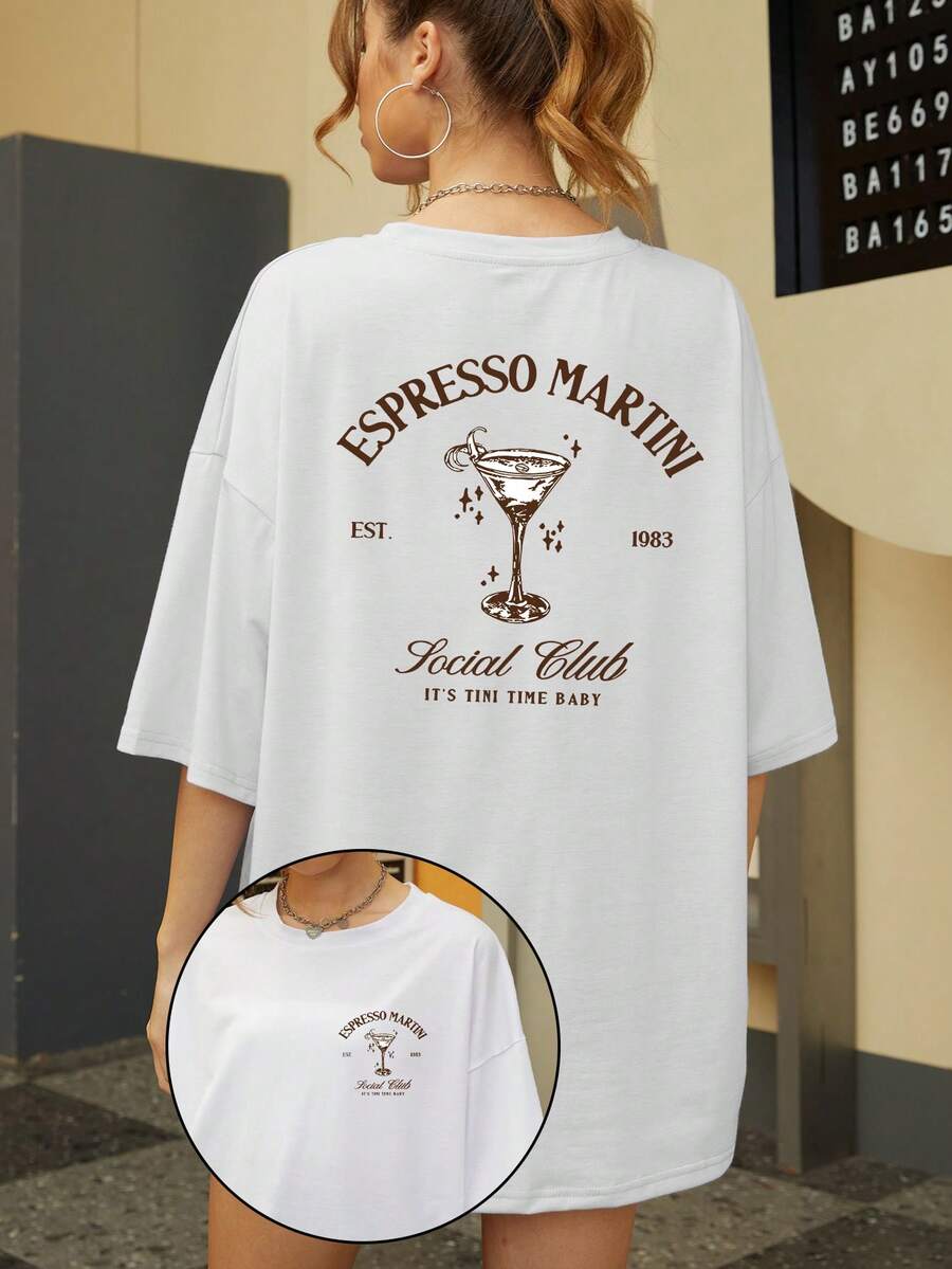 女士休闲短袖 T 恤 - 浓缩咖啡马提尼鸡尾酒图案印花，带有“Taste As Good As It Looks”标语，宽松圆领 - 白色 - 查看 1