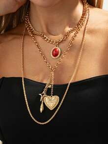 3件套复古心形椭圆几何多层设计锁骨链套装 - 金色 - 查看 2