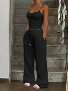 Women Solid Color Camisole & Drawstring Waist Pants Casual Suit - Black - View 9