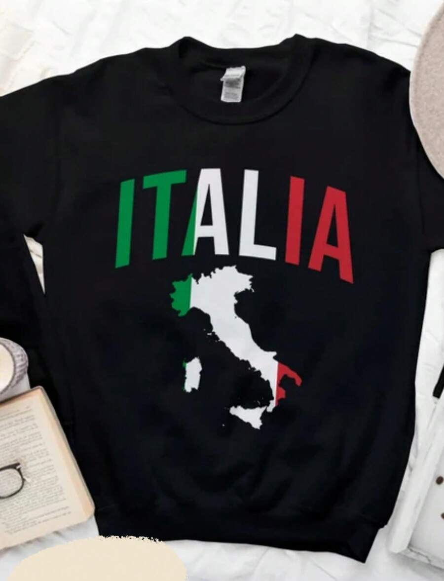 Italia Sweatshirt, Cool Cozy Italy Sweater, Italia Crewneck With Map Flag - 黑色 - 查看 1