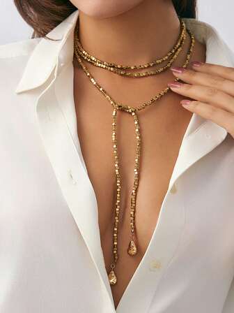 Hip-Hop Style CCB Beaded Long Necklace, Fashionable Y-Shaped Tassel Collarbone Chain