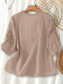 Women's Spring/Summer Viscose Embroidered Lightweight Loose Retro Blouse - Mocha Brown - View 3