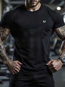 Ins 街头风男士几何 U 字母印花圆领宽松休闲短袖 T 恤 - 黑色 - 查看 1