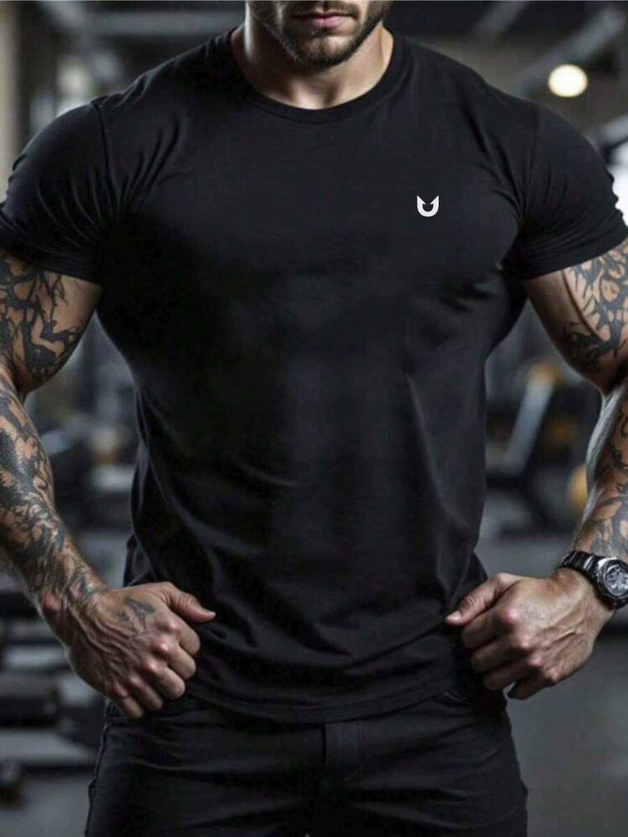 Ins 街头风男士几何 U 字母印花圆领宽松休闲短袖 T 恤 - 黑色 - 查看 1