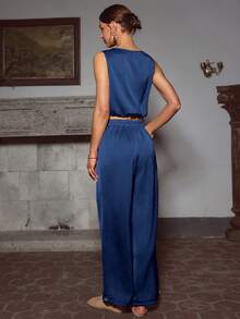 Sollinarry 女士夏季休闲无袖立领金属扣装饰上衣搭配抽绳腰带可调节下摆宽松长裤两件套，适合外出、度假、音乐节等场合。 - 藏青色 - 查看 4