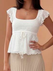 Women's Solid Color Cropped Square Neck Top With Bow Tie, Ruffle Cuffs, Flared Hem, And Slim Fit, Y2K Cute Style And French Elegant Style, Simple Versatile Design, Perfect For Everyday Outings, Street Style Photos, City Walks, Cafe Dates, Concerts, And Valentine's Day Outfits - 白色 - 查看 4