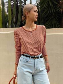 Livesso Women's Round Neck Striped Casual Long Sleeve T-Shirt With Drawstring Back School - Coffee Brown - View 4