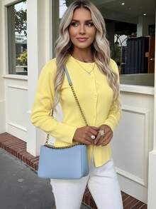 Damski letni elegancki świąteczny dzianinowy top na zakończenie roku szkolnego swobodny długi rękaw maślany żółty guzik dzianinowy kardigan top sweter - Żółty - Zobacz 2