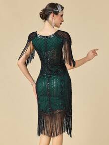 1920年代《了不起的盖茨比》风格女式连衣裙，复古长流苏连衣裙，咆哮的二十年代亮片串珠连衣裙 - 綠色 - 查看 7