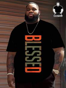 Plus Size Men Street Style Black Base Vertical Orange Green Ombre Distressed Texture Letter Print Short Sleeve T-Shirt, Niche Loose Comfortable Plus Size Casual Top Summer Sports - Black - View 1