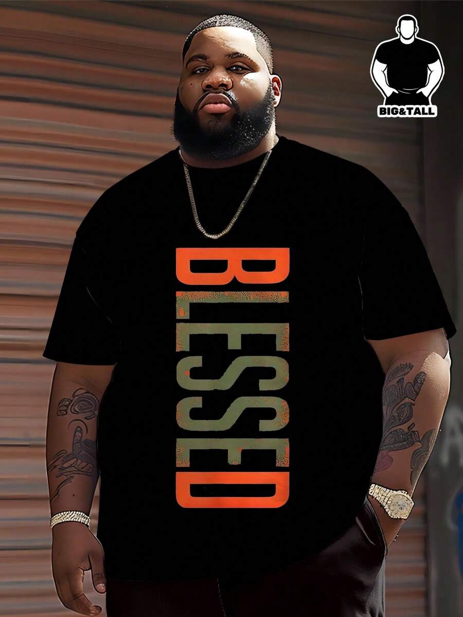 Plus Size Men Street Style Black Base Vertical Orange Green Ombre Distressed Texture Letter Print Short Sleeve T-Shirt, Niche Loose Comfortable Plus Size Casual Top Summer Sports - Black - View 1