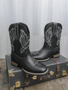 情侣款西部牛仔靴，男女通用 | 黑色刺绣中筒靴 | 复古防滑鞋底 | 时尚男女靴 - 日常穿着/街头穿搭/牛仔竞技