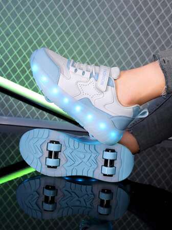 Zapatos con ruedas Heelys de 4 ruedas para niños, nuevos zapatos con ruedas para niños, zapatos con ruedas de moda con cierre de gancho y bucle ajustable, zapatos con ruedas de cuero de PU ligeros y duraderos con ruedas dobles ocultas Heelys, zapatos con luces LED que se iluminan con carga USB para adolescentes, ruedas desmontables, patines de 2 en 1 y zapatillas