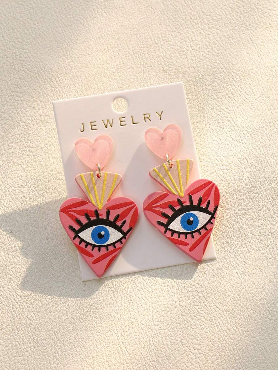 一对可爱浪漫的心形亚克力大眼睛吊坠耳环，送给女性的礼物，适合音乐节、度假、派对等场合。 - 粉色 - 查看 1