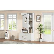 90*40*180cm Multifunctional Hallway Unit With Storage, Wardrobes With Shoe Rack And Mirror, Wardrobe With 2 Drawers And 2 Cabinets, Chest Of Drawers With Shelf, White - 1 - 查看 3